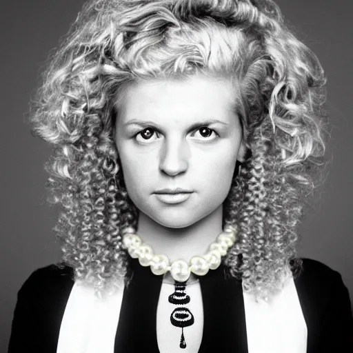 Image similar to symmetrical human portrait of lisa simpson with pearl necklace and with blonde curly hair, grainy high contrast black and white photography photo print ilford warm tone