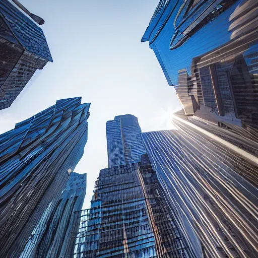 Prompt: looking up into the sky, first person view, surrounded by sky scrapers, shadows, large unidentified flying craft floating in the blue sky, golden hour