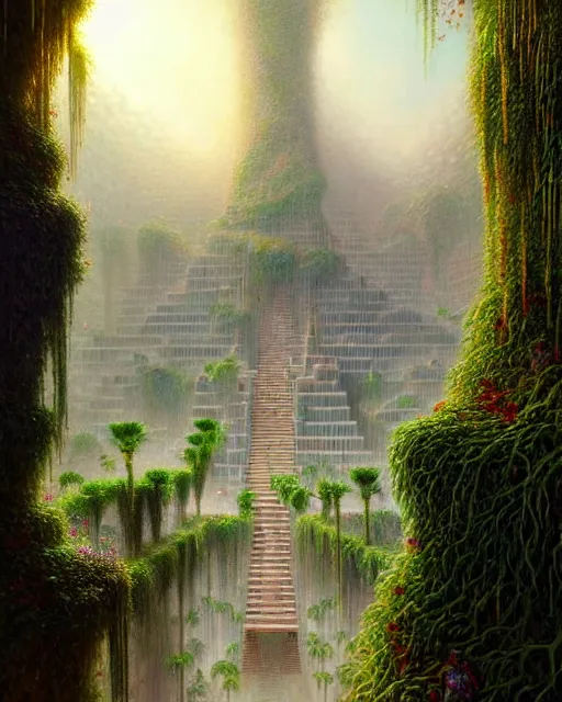 Prompt: a hyper - detailed 3 d render like a oil painting of the hanging garden of babylon surrealism!!!!! surreal concept art, lifelike, photorealistic, digital painting, aesthetic, smooth, sharp focus, artstation hd, by greg rutkowski, bruce pennington, valentina remenar and asher duran,