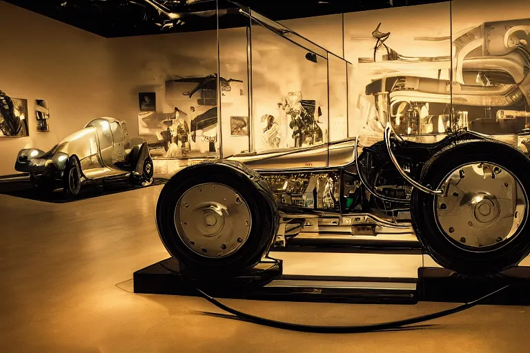 Image similar to cyberpunk 1 9 2 6 bugatti type 3 5, volumetric lighting, in a museum, museum exhibit, museum lighting, 9 0 s film photo