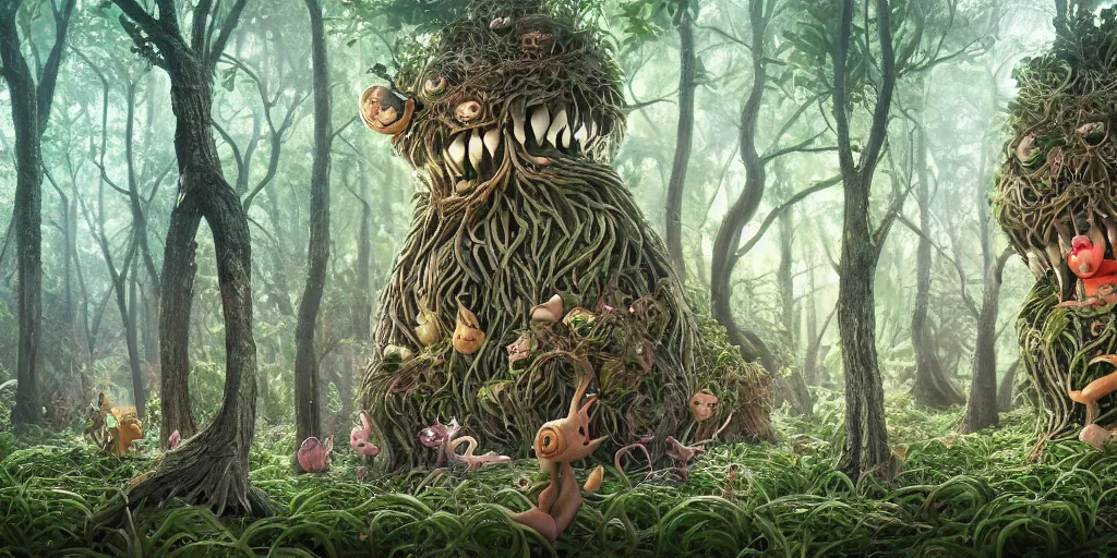 Image similar to of an intricate forest with strange cute friendly happy creatures with huge eyes, mouth, long tongue, round teeth and goofy face, appearing from the background, in the style of gehry and gaudi, macro lens, shallow depth of field, ultra detailed, digital painting, trending artstation, concept art, illustration, cinematic lighting, photorealism, epic, octane render