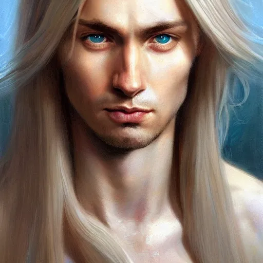 Image similar to 2 7 year old male with blue eyes and long straight blonde hair no beard with feminine features as a fantasy d & d character, closeup portrait art by donato giancola and greg rutkowski, face, digital art, trending on artstation, symmetry!!