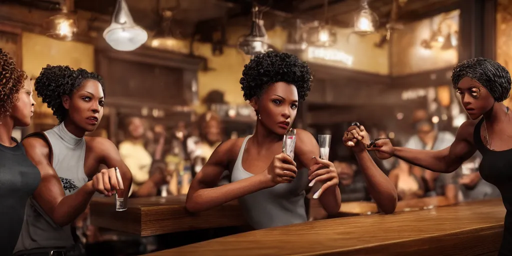 Prompt: a photo of a bar fight inside a pub between black women, Leica, symmetrical faces, muscles, detailed faces, accurate faces, 4k, 3D render, hyperrealism, editorial, photorealistic, crisp details, sharp focus, wide angle lens, octane render, cinematic lighting