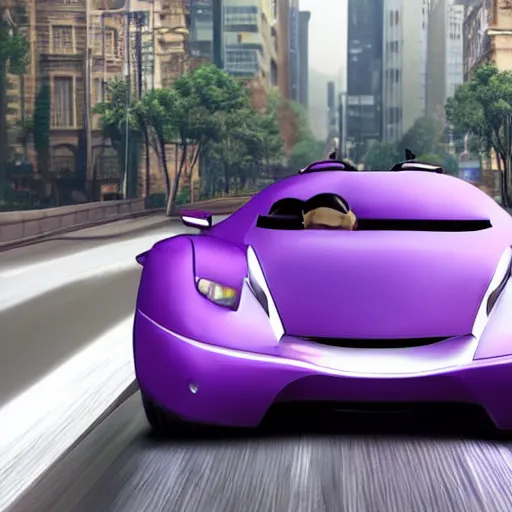 Prompt: a cat driving a fast car in the rain in the city, futuristic, purple