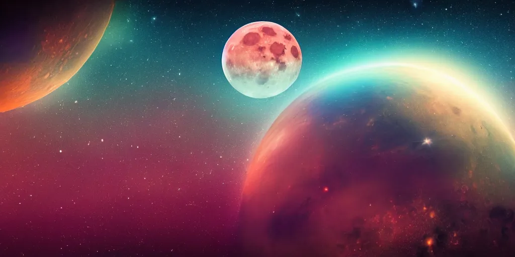 Image similar to moon setting, space, galaxy, milkyway, nebula, Mars, planets, neon, cinematic, realistic, glow, beautiful,