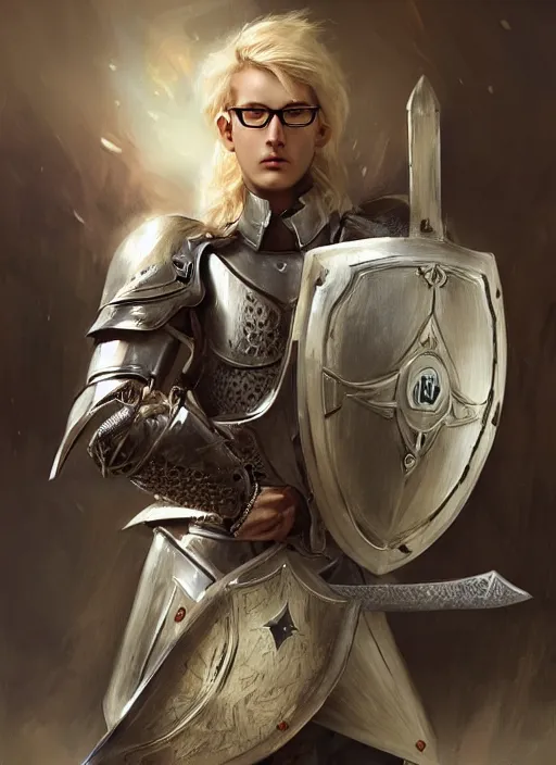 Prompt: a blond knight in armor with glasses, holding a sword and shield, fantasy, digital portrait, scifi, realistic, detailed, concept art, comics, ruan jia, wlop