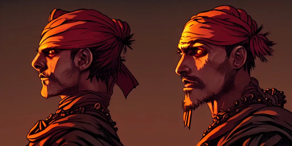 Image similar to warrior character portrait, sprite, darkest dungeon, pc game, sideview, art by moebius and greg rutkowski.