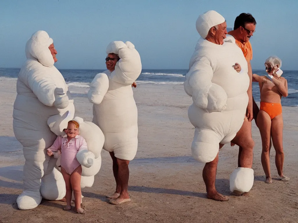 Prompt: a martin parr photo of a grandpa couple, wearing michelin man costumes in a beach, sunrise, 1 9 7 0 s kodachrome colour photo, flash on camera,