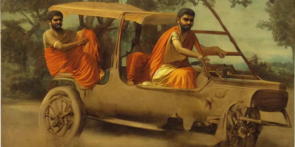 Prompt: man driving a car in the style of raja ravi varma, high detail, realism, national gallery of delhi