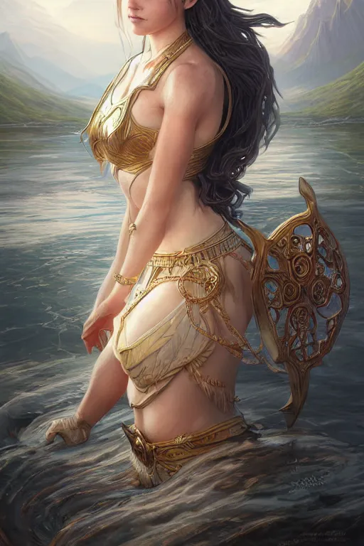 Image similar to goddess of lake, highly detailed, d & d, fantasy, highly detailed, digital painting, trending on artstation, concept art, sharp focus, illustration, art by artgerm and greg rutkowski and fuji choko and viktoria gavrilenko and hoang lap