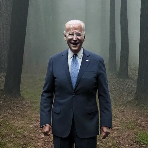 Image similar to joe biden standing ominously far in the foggy woods with a demonic wide smile in his face in the new horror movie, creepy