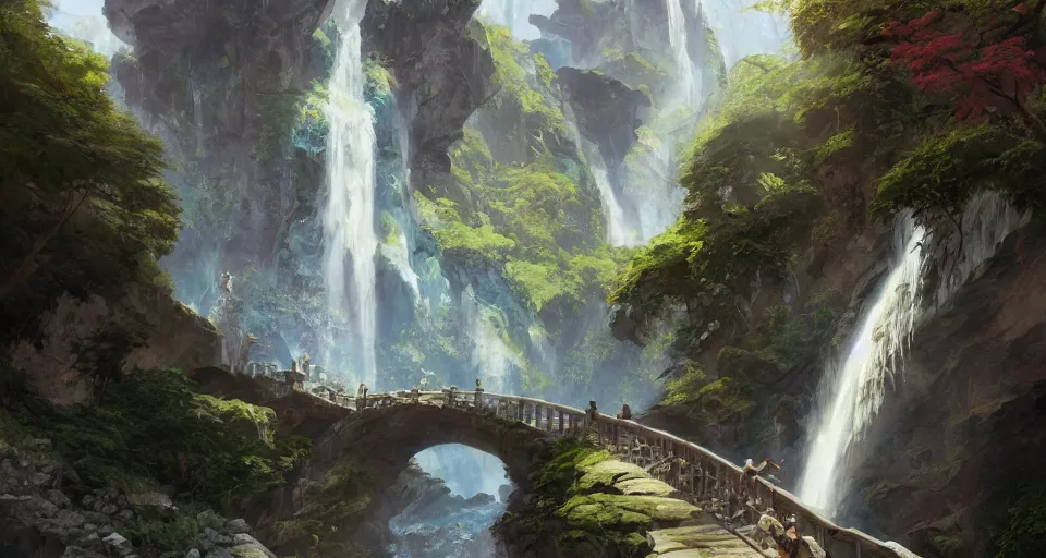 Image similar to A beautiful digital painting stone footbridge, waterfall, lovely valley by Stanley Artgerm Lau, frank frazetta, Rossdraws, James Jean, gerald brom, Andrei Riabovitchev, Marc Simonetti, and Sakimichan, trending on artstation