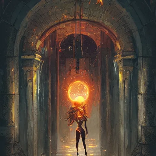 Prompt: A female tiefling, stepping through a flaming magical portal from another dimension into a palace courtyard, dramatic lighting, fantasy art by Greg Rutkowski