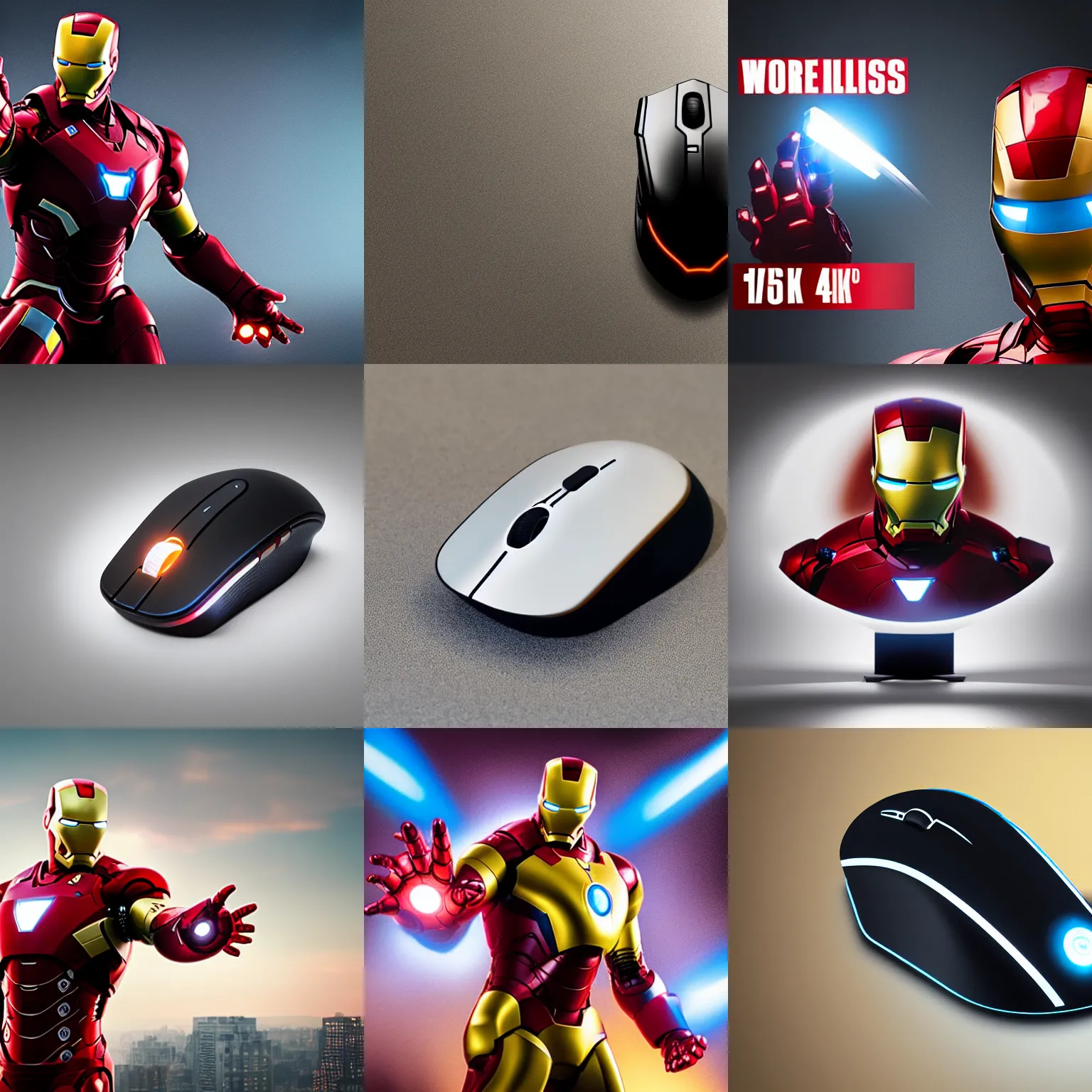 Prompt: product photo of wireless mouse in the style of iron man, photo real, epic lighting, 4k, hd