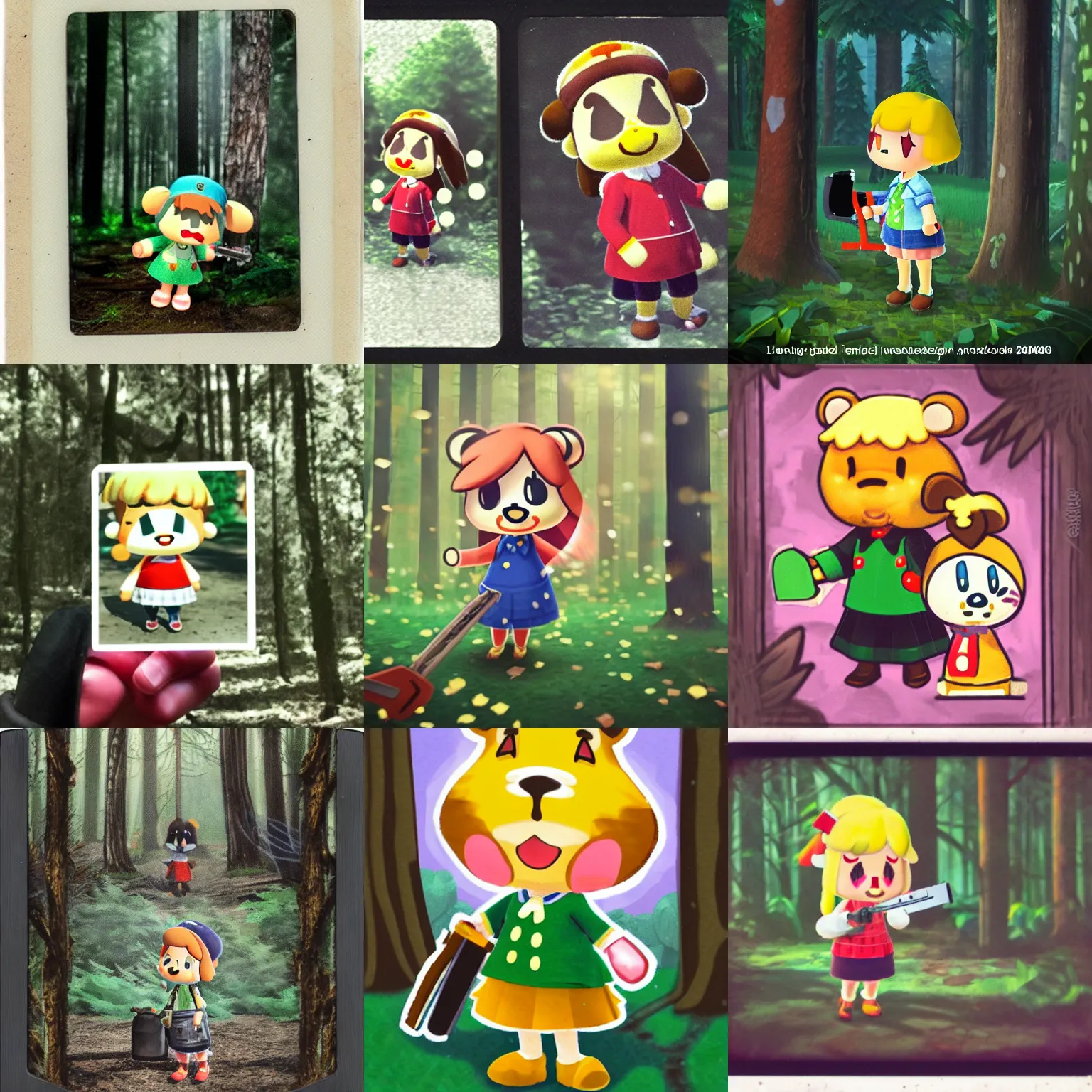 Prompt: Isabelle from animal crossing standing in a dark real life forest, Polaroid, holding a chainsaw