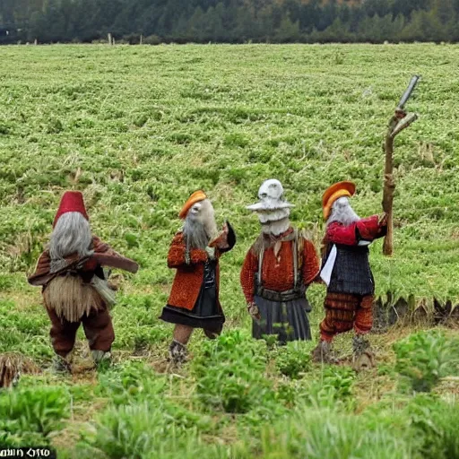 Image similar to dwarves in traditional clothes in mushroom fields put up a scarecrow from bats