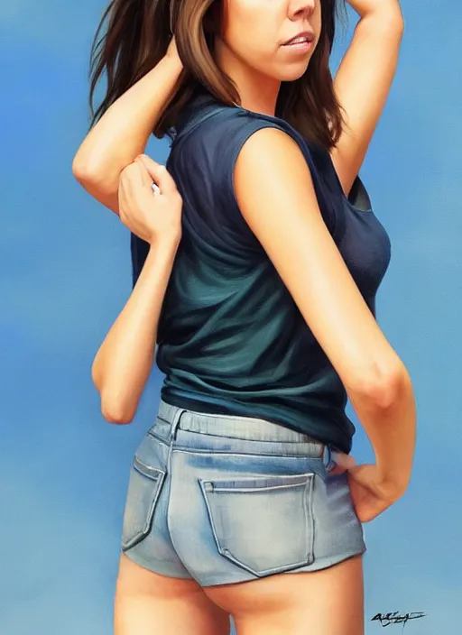 Prompt: full length photo of an similing Aubrey Plaza in a tanktop in the style of stefan kostic, not realistic, sharp focus, 8k high definition, insanely detailed, intricate, elegant, art by stanley lau and artgerm