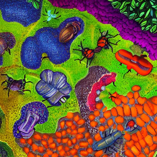 Image similar to painting of a colorful fungus garden in a cave, birds eye view, dark, foggy, cavern, shy beetles, river running through it