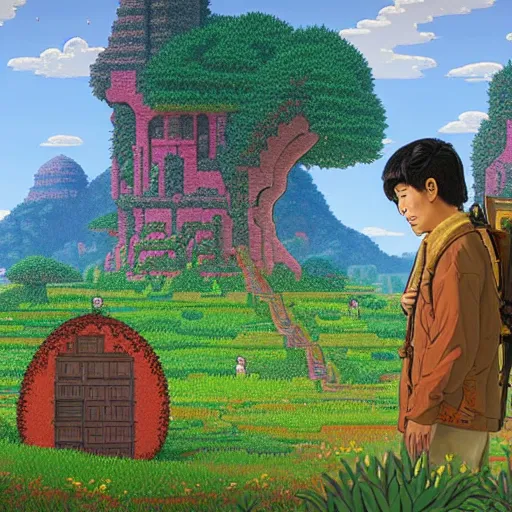 Image similar to a portal to terraria. detailed. rule of thirds. intricate. sharp focus. wide angle. unreal engine 8 k. painting by wes anderson and hasui kawase and scott listfield