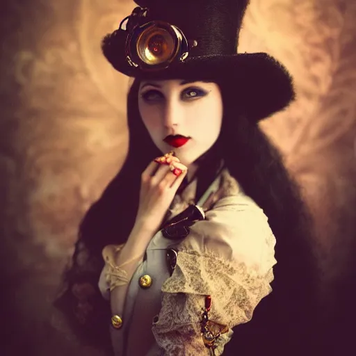 Image similar to A beautiful portrait of a lady vampire, steampunk, photography, 35mm, soft light, cinematic, klimt