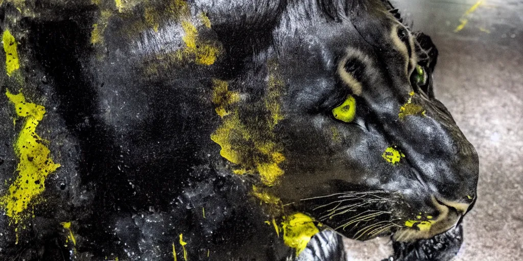 Image similar to the smooth black lioness, made of smooth black goo, in the zoo exhibit, viscous, sticky, full of black goo, covered with black goo, splattered black goo, dripping black goo, dripping goo, splattered goo, sticky black goo. concept art, painting, reflections, black goo, zoo, exhibit