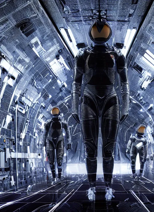 Prompt: symmetry concept art by craig mullins astronauts swim in futuristic dark and empty spaceship underwater. infrared glowing lights. complex and hyperdetailed technical suit. reflection and dispersion materials. rays and dispersion of light. volumetric light. 5 0 mm, f / 3 2. noise film photo. flash photography. unreal engine 4, octane render. interstellar movie art