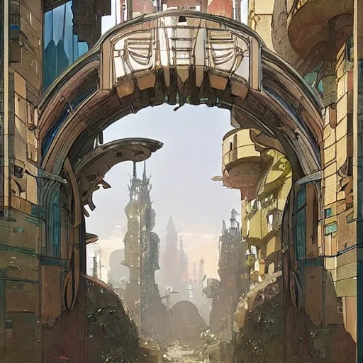 Image similar to art deco archway leading into arcology with studio ghibli wooden homeless medieval city built into it, science fiction concept art by greg rutkowski and wayne barlowe and alphonse mucha