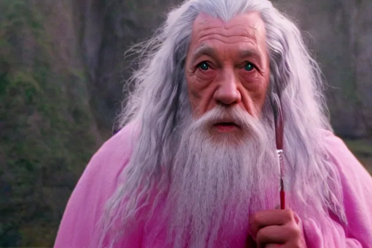 Image similar to portrait of Gandalf wearing pink Hello kitty costume, gentle smile, sunrise, movie still from Lord of the Rings, cinematic