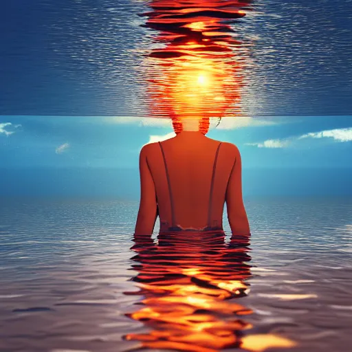 Prompt: alluring woman made of glass emerging out of the ocean at sunset, realistic reflections, ray tracing, 3 - d render, intricate details, cosmic water