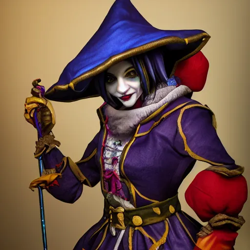 Image similar to full body photo beautiful jester rogue, highly detailed, 4k, HDR, smooth, sharp focus, hyper realistic, high resolution, award-winning photo