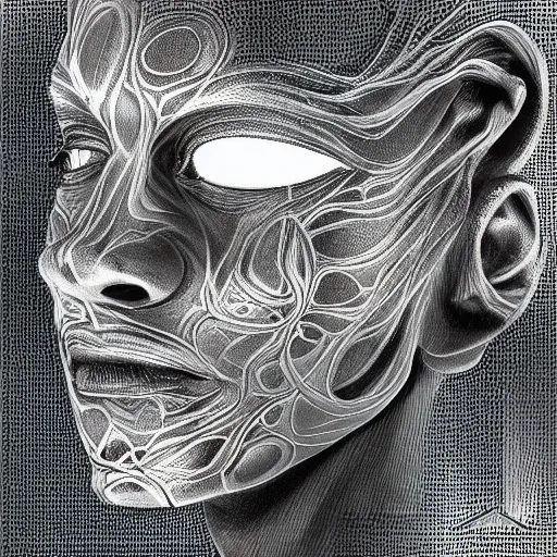 Image similar to holographic headset interface painted in alex grey and cameron gray style drawn by oku, inspired by ooioo, intricate 3 d sculpture, black and white, 3 d, high detail, sharp high detail, artstation, octane