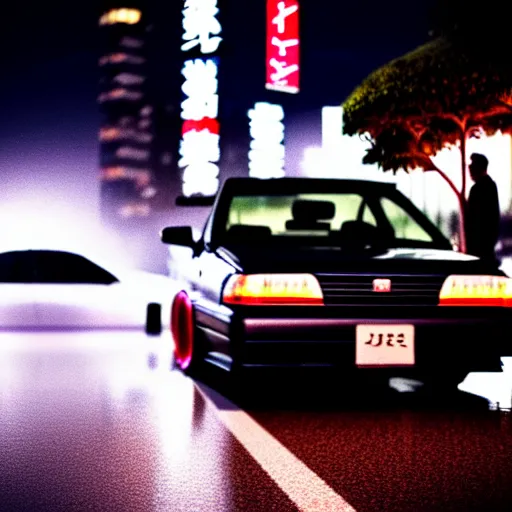 Image similar to a car JZX100 at illegal car meet, Shibuya prefecture, city midnight mist, cinematic color, photorealistic, highly detailed, 200MM