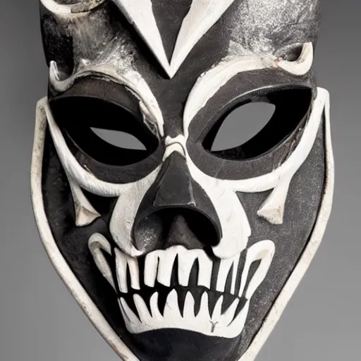 Prompt: symmetrical product photograph of a highly detailed ominous mask made from fragmented bone and obsidian, angry