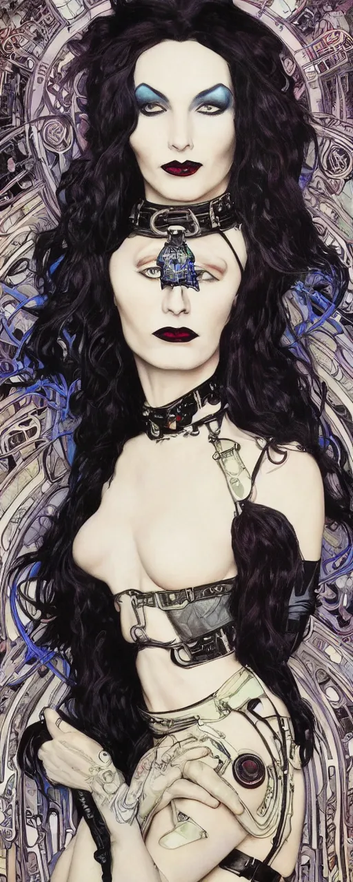 Image similar to a beautiful and captivating punk rock art nouveau style portrait of morticia adams as a futuristic leatherpunk rebel soldier by olivia de bernardinis, travis charest and alphonse mucha, mixed media painting, photorealism, extremely hyperdetailed, perfect symmetrical facial features, perfect anatomy, ornate declotage, circuitry, technical detail, confident expression, wry smile
