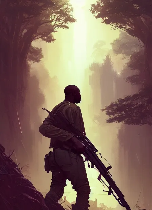 Image similar to highly detailed portrait kanye holding rifle in gta v stephen bliss unreal engine fantasy art by greg rutkowski loish rhads ferdinand knab makoto shinkai lois van baarle ilya kuvshinov rossdraws tom bagshaw global illumination radiant light detailed intricate environment