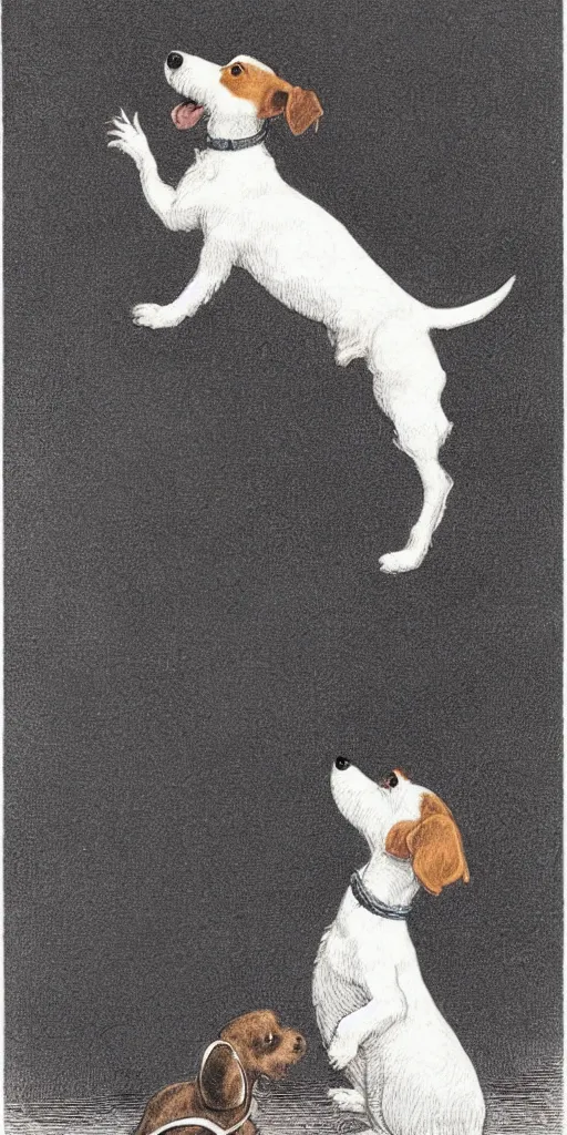 Image similar to candid portrait of jack russel dog howling sad, night sky, highly detailed, side view, illustrated by peggy fortnum and beatrix potter and sir john tenniel