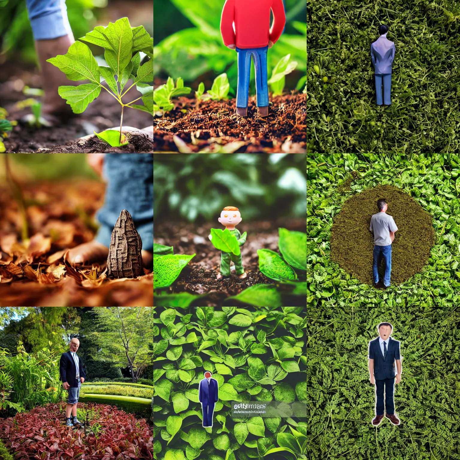 Prompt: A miniaturized man standing under a leaf, in a garden