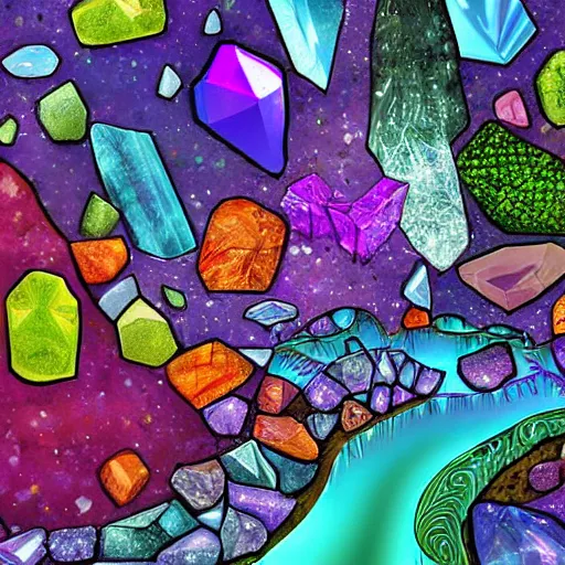 Image similar to A fantasy island filled with crystals, digital art