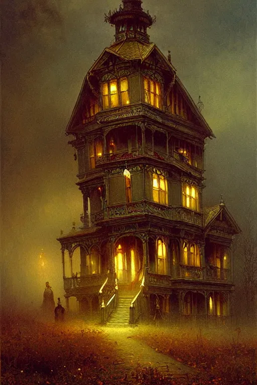 Image similar to detailed painting of a haunted victorian living capsule architecture, autumn, filigree ornaments, ghostly apparitions, andreas achenbach