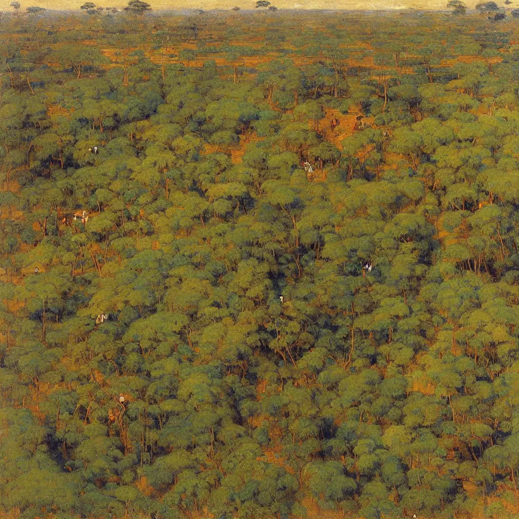 Prompt: the forests of Dahomey in Benin, from above, 1905, colorful highly detailed oil on canvas, by Ilya Repin