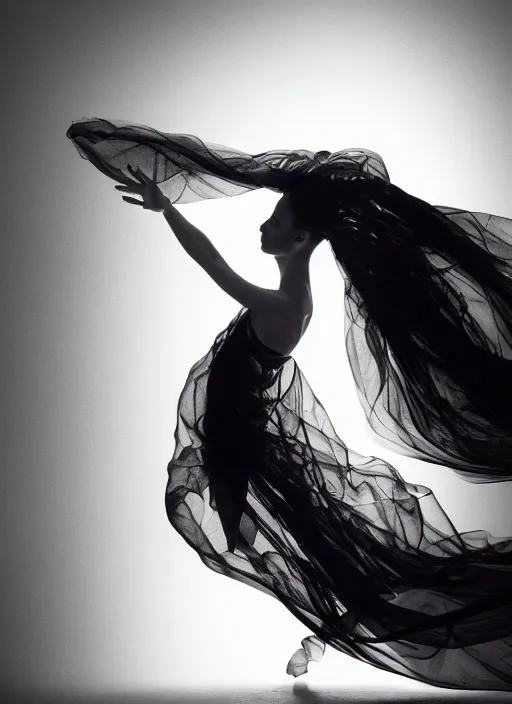 Image similar to a Photorealistic dramatic hyperrealistic render of a glamorous beautiful Female smoke dancer by Ken Brower and Deborah Ory of NYC Dance project,Lois Greenfield,Flowing cloth and smoke,Beautiful dynamic dramatic dark moody lighting,volumetric,shadows,cinematic atmosphere,Octane render,8K