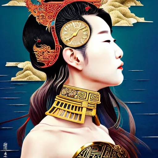 Image similar to portrait and side profile of a chinese woman :: side profile :: in ocean :: clockwork details :: gold :: blood and horror :: by vikings and Sandra Chevrier