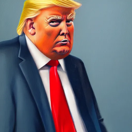 Prompt: obese trump. overweight. amazing painting. formal. beautiful. high resolution. highly realistic. close - up. trending on artstation