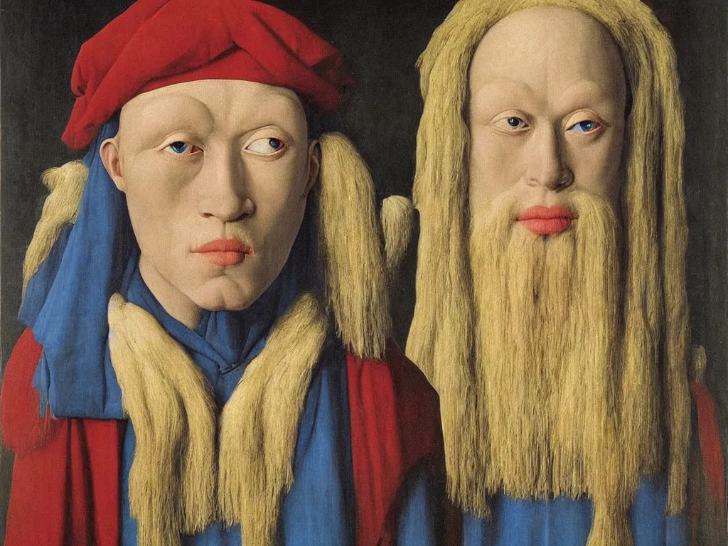 Image similar to Portrait of albino mystic with blue eyes, with beautiful simple Oceanian mask. Painting by Jan van Eyck, Audubon, Rene Magritte, Agnes Pelton, Max Ernst, Walton Ford