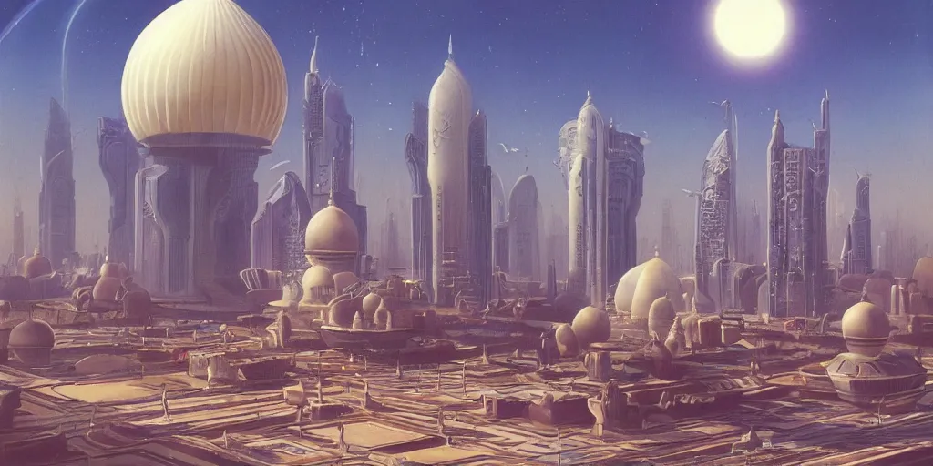 Image similar to a beautiful painting of futuristic islamic city with dome and croweded street alot of people by angus mckie, trending on artstation