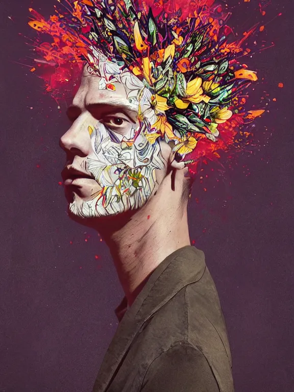 Prompt: art portrait of man with flower exploding out of head,by tristan eaton,Stanley Artgermm,Tom Bagshaw,Greg Rutkowski,Carne Griffiths,trending on DeviantArt,face enhance,chillwave,minimalist,shadows,city,full of colour,