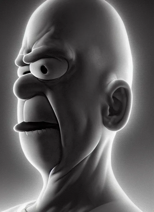 Prompt: concept art by artgerm, amazingly dense distance portrait of a hyper realistic, frowning, sad homer simpson by greg rutkowski, artgerm, alphonse mucha, concept art, octane render, highly detailed, high quality, 8 k, soft lighting, path traced, and uang guangjian and gil elvgren, symmetry!!