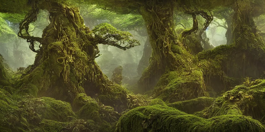 Prompt: a vast forest cave temple made of twisted branches and vines and mossy rocks, by pixar, cg render, photoreal, no noise, brian froud and jbmonge and john howe, in a vast mossy cavern, golden lightrays, beautiful cinematic render