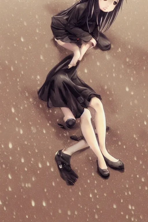 Image similar to A stern girl in Japanese maid's clothes and long stockings sits on the wet pavement in a parking lot in the rain at night. Dark 3d anime drawing art by Ruan Jia and Mandy Jurgens and Artgerm and William-Adolphe Bouguerea Sakimichan