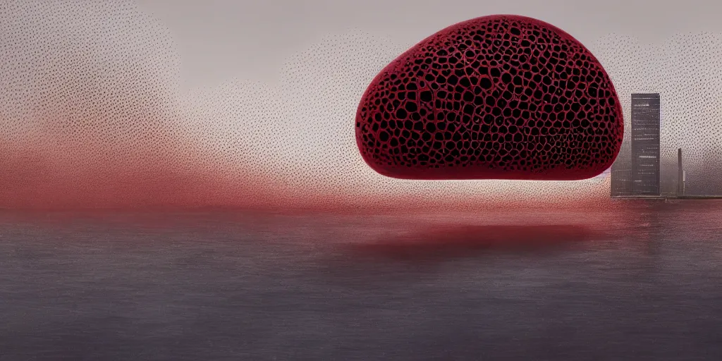 Image similar to An epic architectural rendering of a blob shaped trypophobia house with a mysterious red glow emitting from inside in a modern cityscape next to a river, by Zaha Hadid and Greg Rutkowski, tunning, gorgeous, golden ratio, photorealistic, featured on artstation, 4k resolution